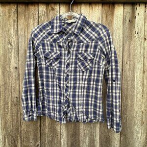 Forever 21 Blue Plaid Roll Tab Long Sleeve Button Down Shirt Small